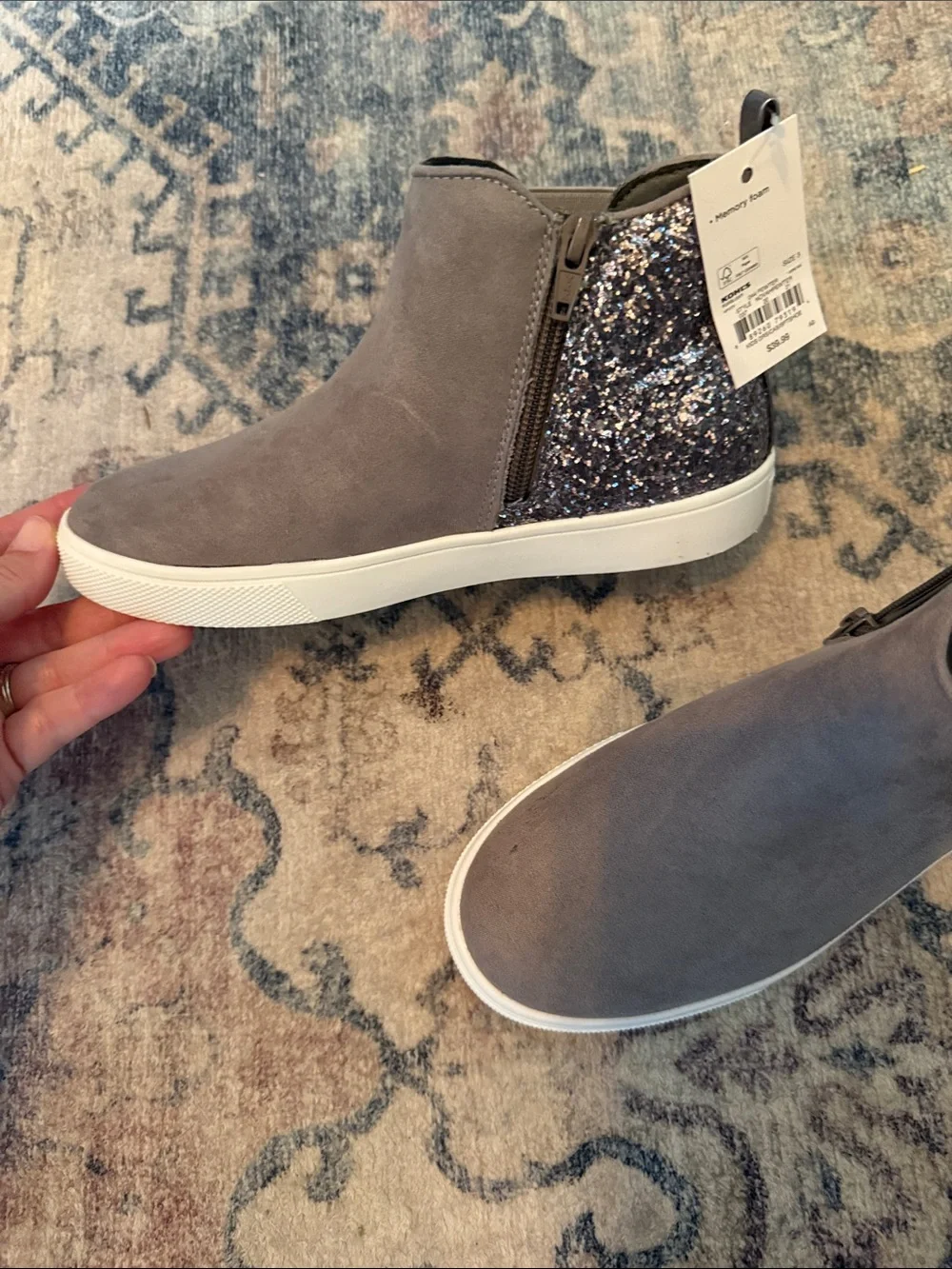 Girls size 3 Gray Suede High-Top Sneakers with Silver Glitter Accent